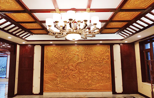 枣强中式别墅客厅中式木作横梁吊顶装饰展示